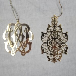 Two Colonial Williamsburg 24 Karat Gold Plated Christmas Ornaments